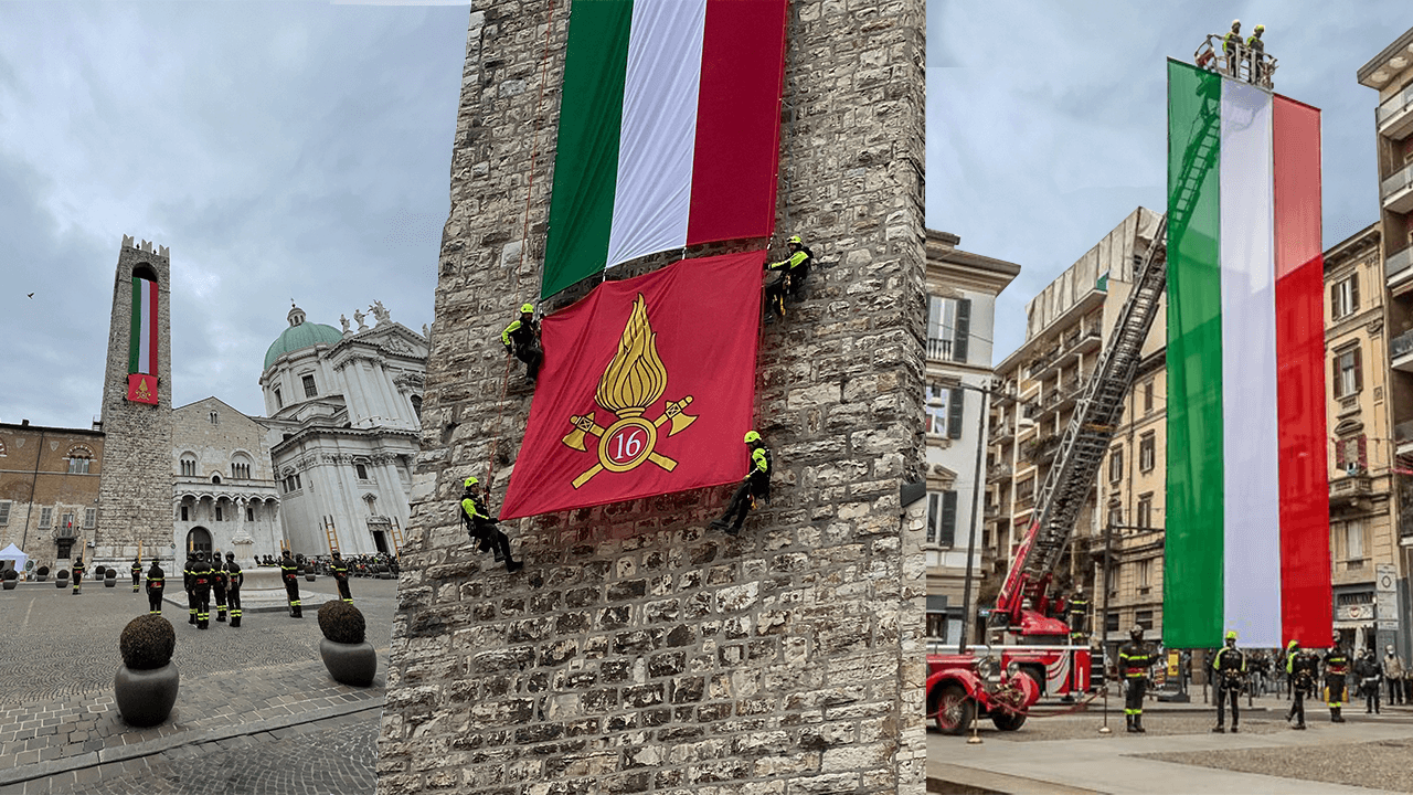 Tricolori e bandiera personalizzata per Vigili del Fuoco (Brescia a sinistra e Milano a destra)