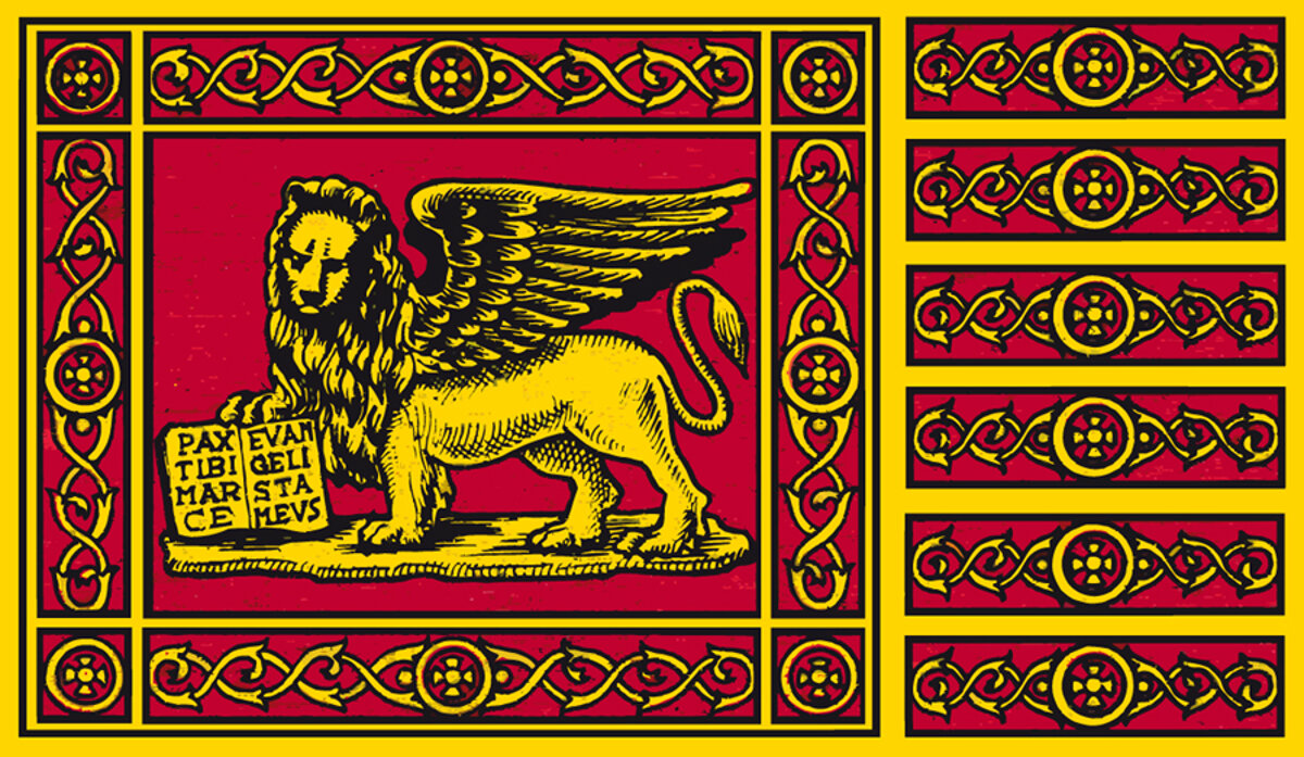 AZ FLAG Bandiera Da Tavolo Repubblica Di San Marco 15x10 Cm - Piccola Bandierina Storica Di Venezia Con Asta E Base In Plastica Nera, Poliestere 100D Per Interni